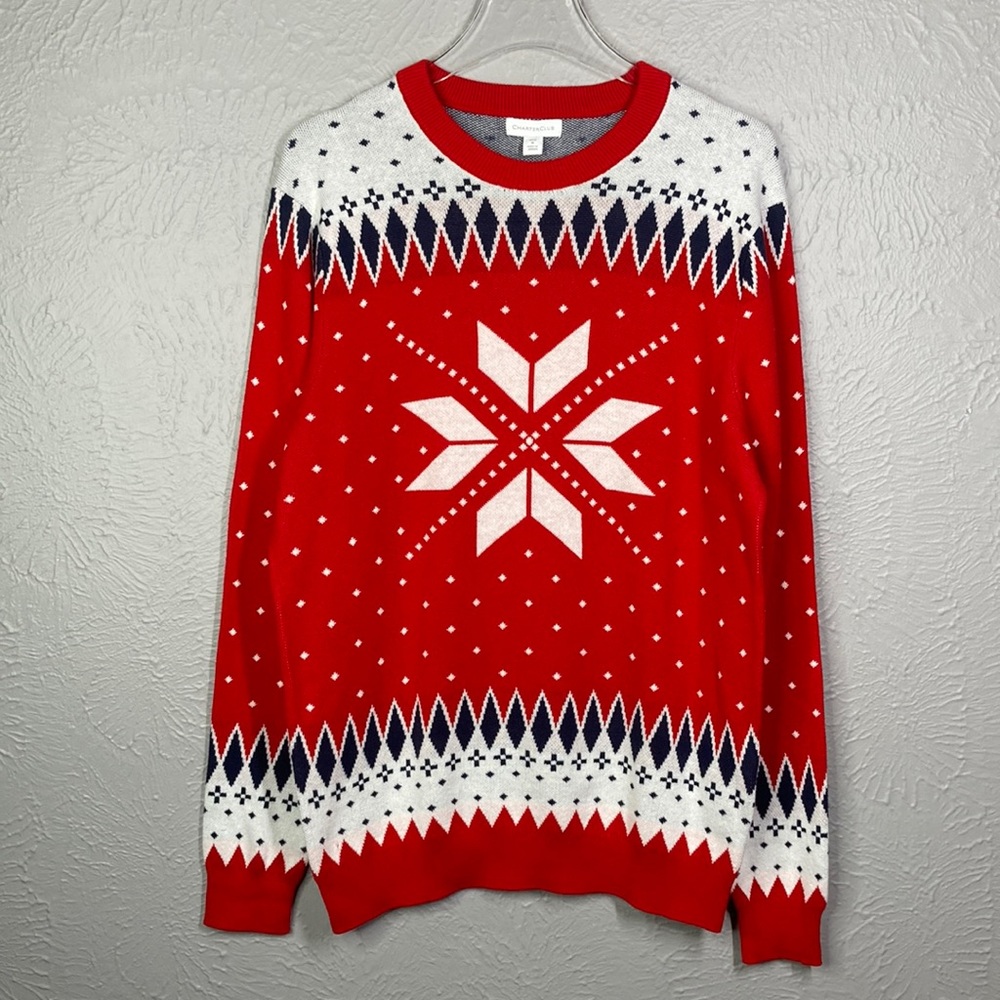 CHARTER CLUB Mens Red Patterned Crew Neck Cotton Blend Pullover Sweater … - Picture 2 of 9